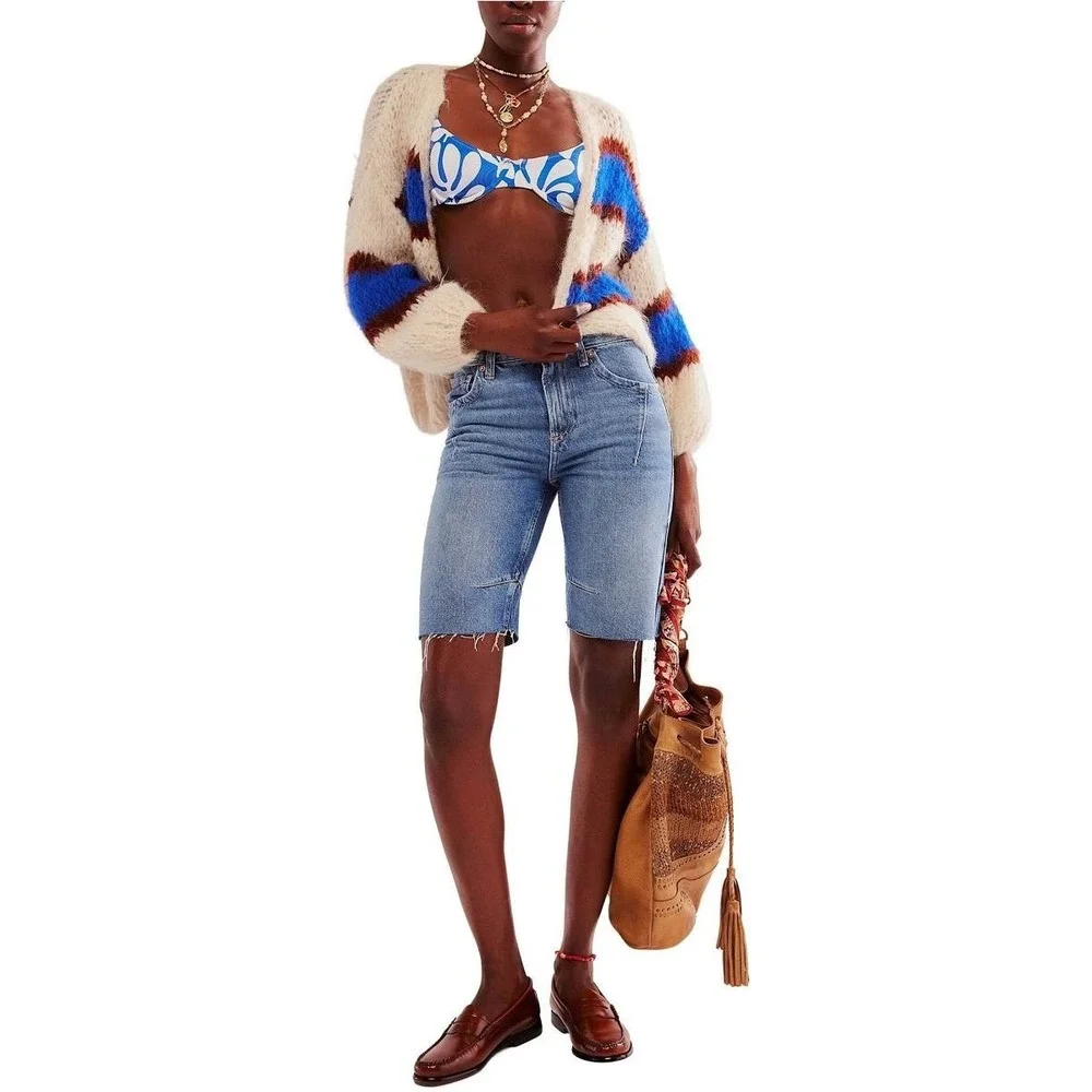 Free People We The Free Ghost Town High Rise Long Denim Shorts 31‎ Boho NWT